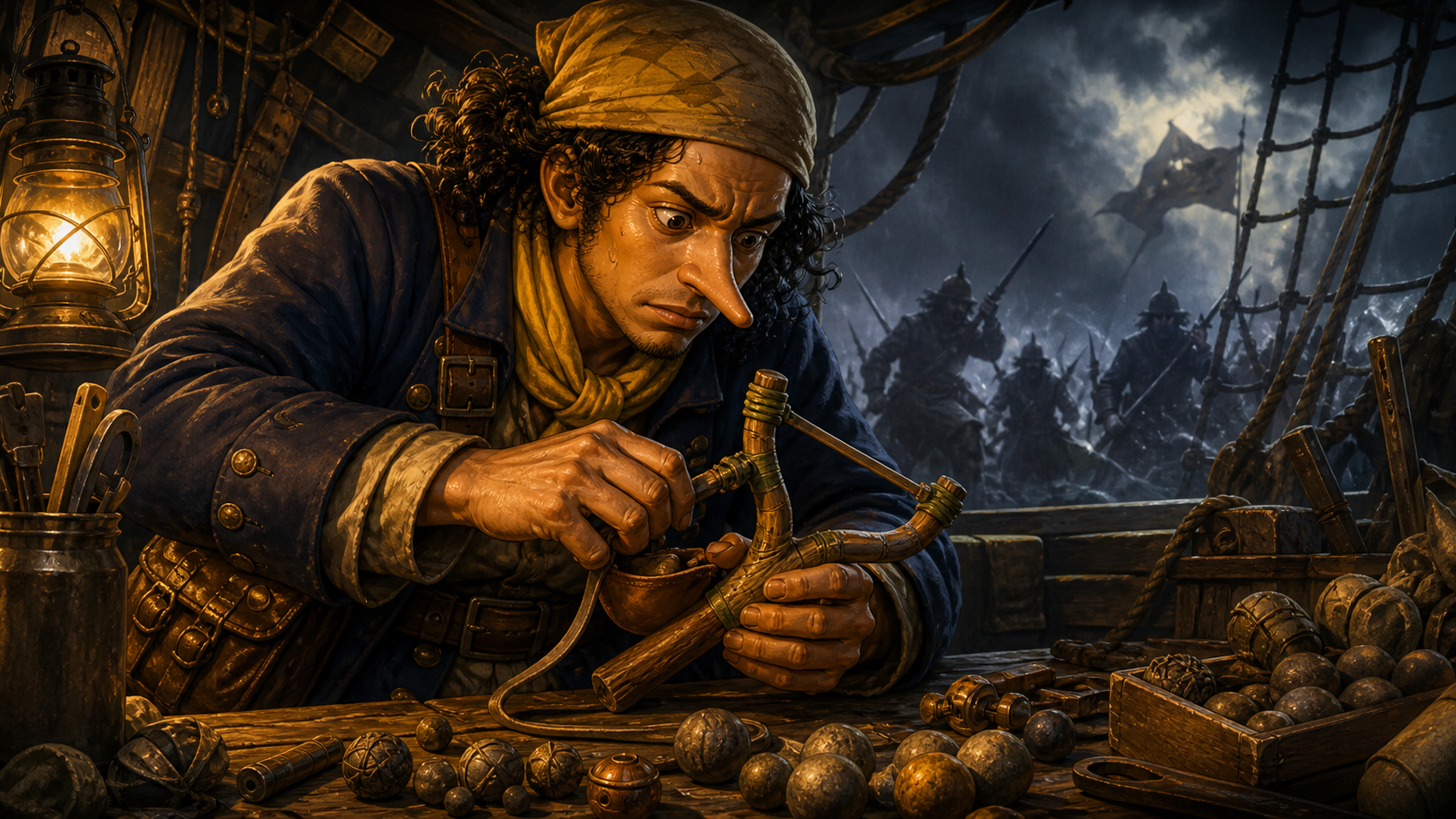 Usopp repairs a slingshot and prepares ammunition while danger gathers beyond the ship