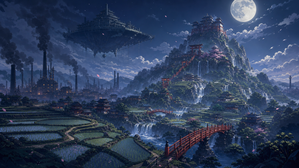 Moonlit Wano places green rice terraces beside polluted factories and a floating fortress