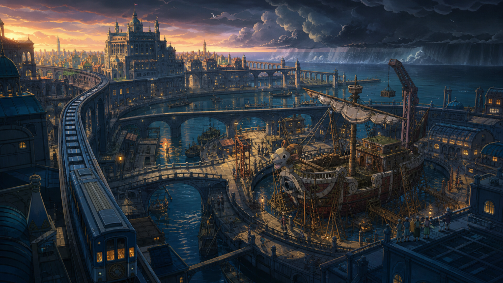 Water 7 canals, sea-train tracks, and a damaged shipyard sit beneath gathering storm clouds