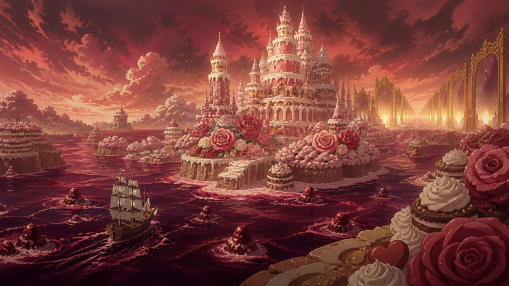 A small ship crosses dark berry seas toward a beautiful but ominous cake kingdom