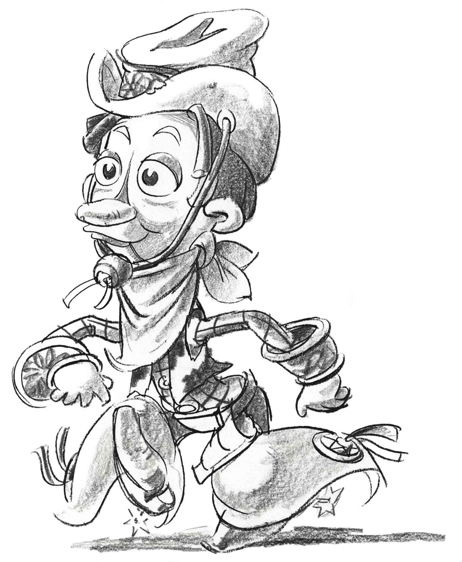 Early Pixar pencil character design drawing for Woody