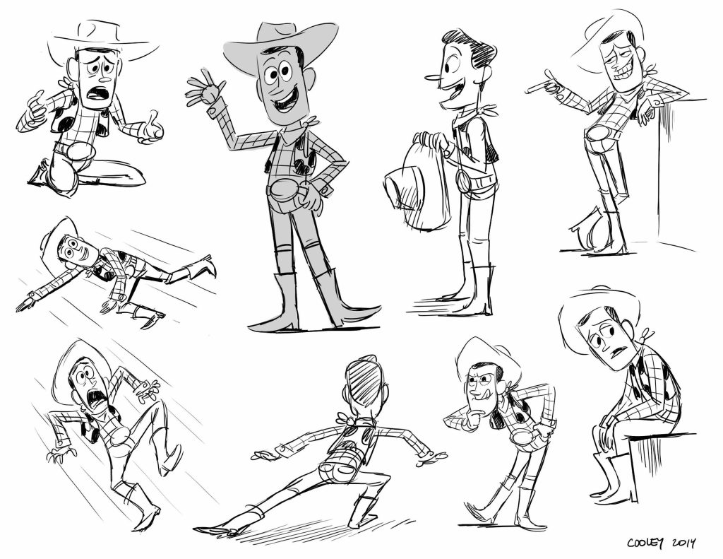 Official Toy Story 4 development drawings showing Woody performing confidence, fear, panic, leadership, and exhaustion