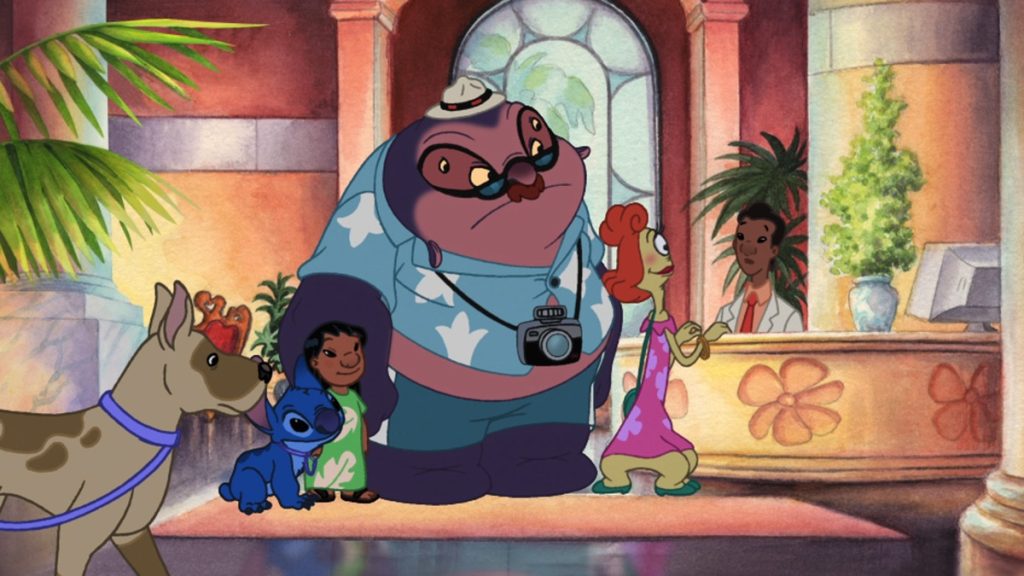 Official episode still of Lilo, Stitch, Jumba, Pleakley, and the dog Gigi at the Honolulu hotel