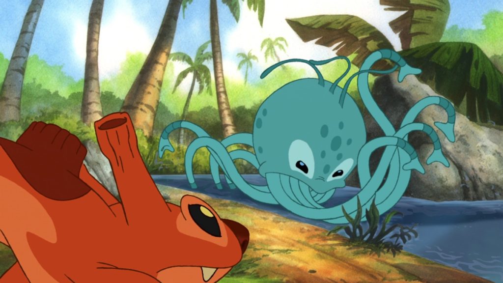 Official episode still of the lava experiment Yang facing the water experiment Yin beside a tropical stream