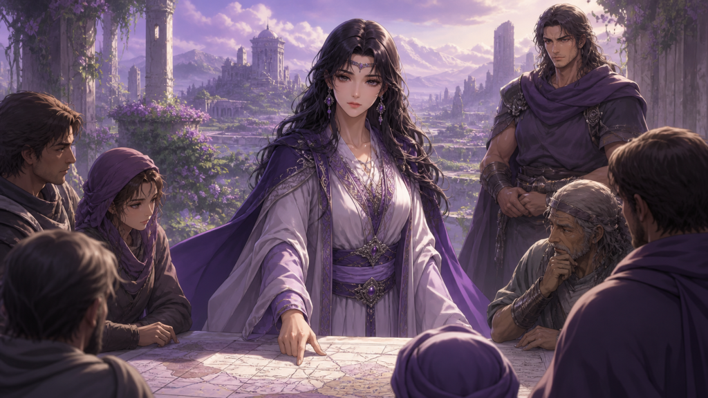 Yuria leads a regional planning meeting in a rebuilt wasteland sanctuary