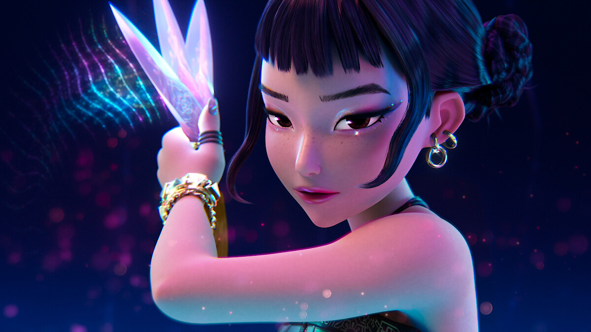 Zoey of HUNTR/X holding a glowing demon-hunting knife