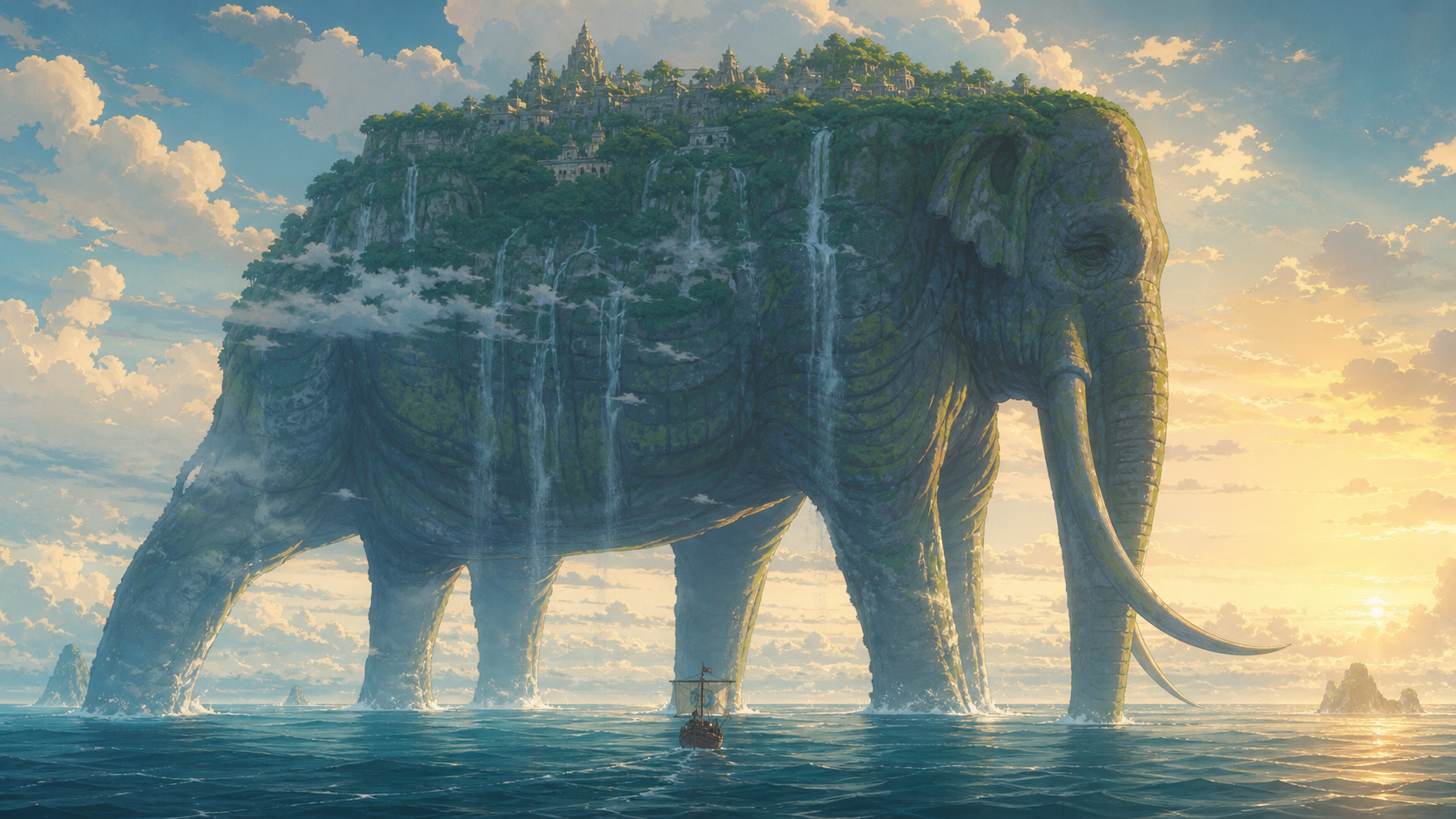 The ancient elephant Zunesha carries a forest city across the open sea at sunrise