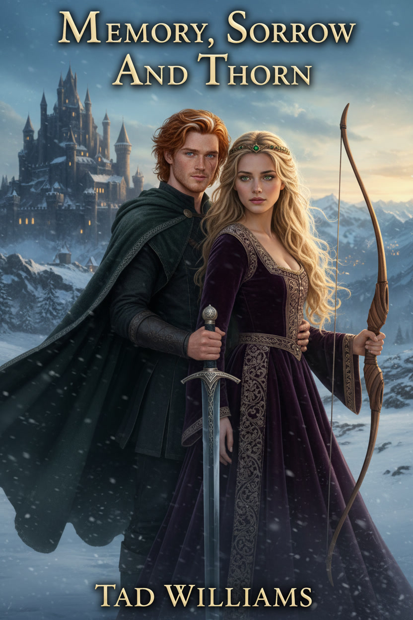 Memory, Sorrow, and Thorn series cover featuring Simon and Miriamele before a snowy castle