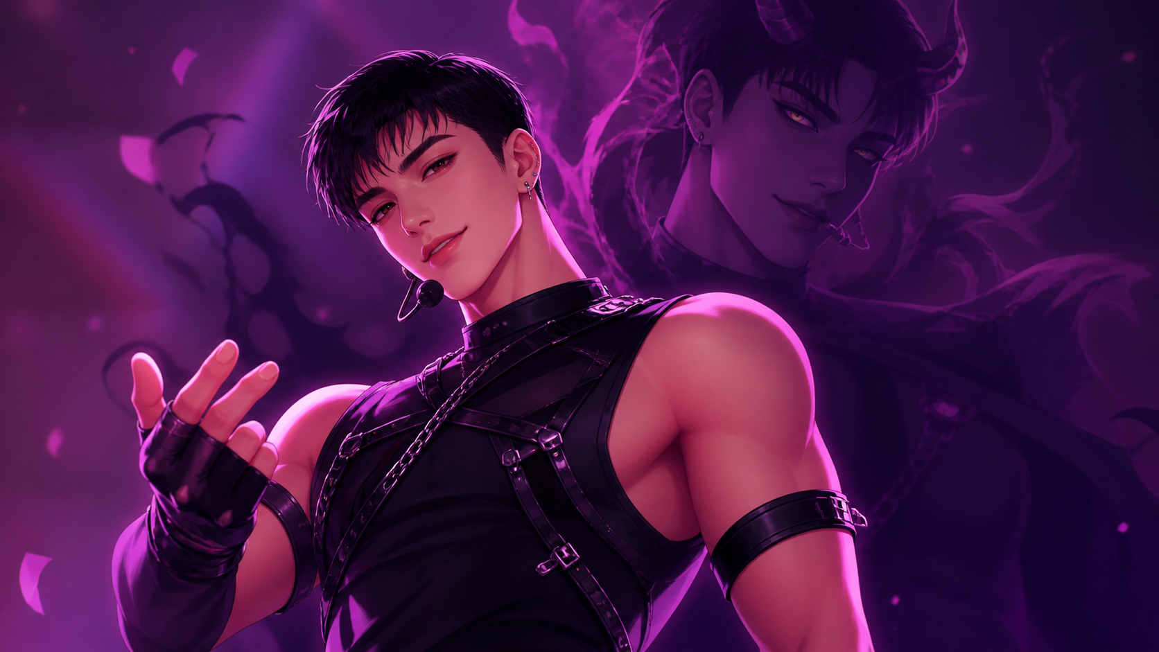 Original CVM Sekai fan art of Abby performing beneath purple stage lights while his demon shadow shows behind him