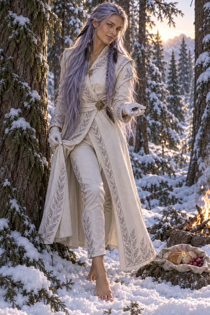 Aditu holding a small beetle in her white-gloved palm beside a winter campfire