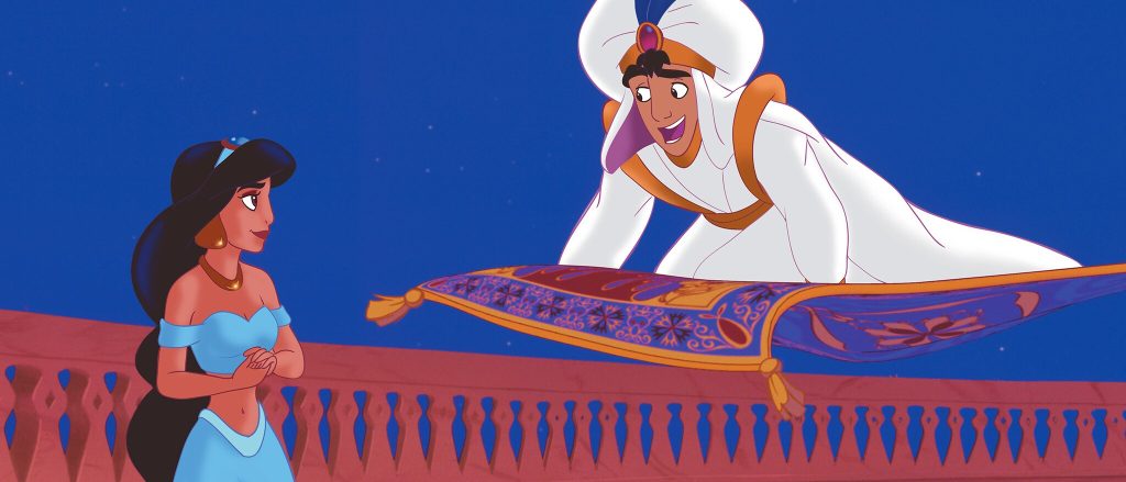 Aladdin and Jasmine flying on Magic Carpet in official Disney artwork from Aladdin