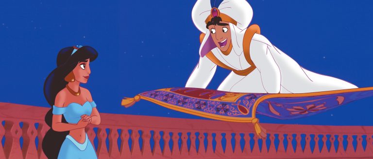 Aladdin and Jasmine flying on Magic Carpet in official Disney artwork from Aladdin