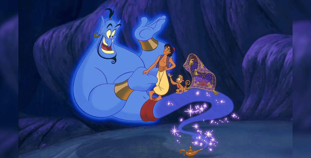 Aladdin, Genie, Abu, and Magic Carpet in official 1992 Disney production artwork