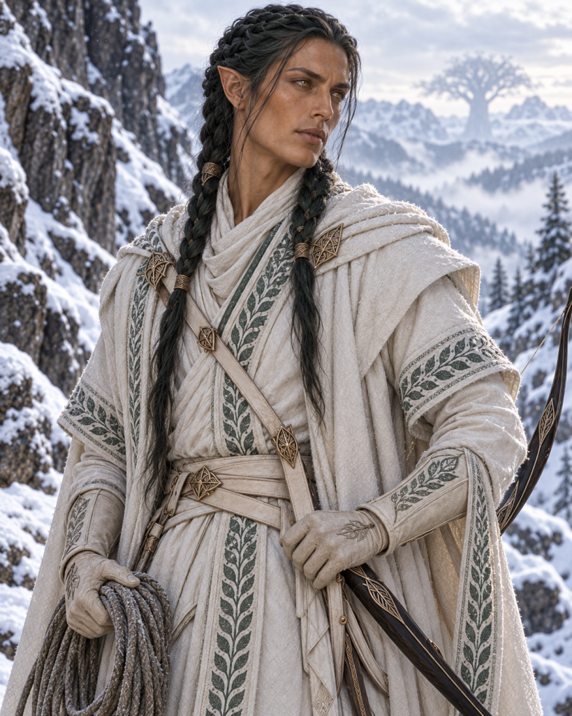 An’nai, a beautiful golden-faced Sitha hunter with amber eyes and two green-black braids carrying rope and a lowered bow in the snowy north