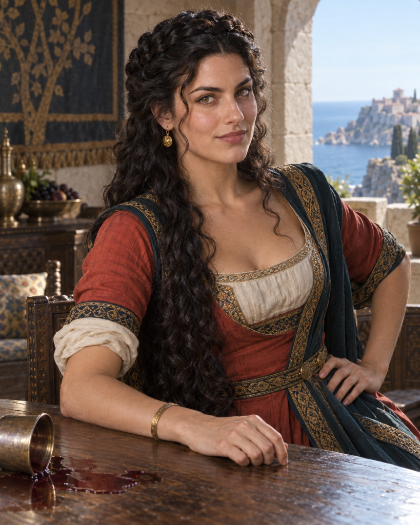 Lady Antippa, a dark-haired young Nabbanai noblewoman, rests one arm beside spilled wine after a family-room contest