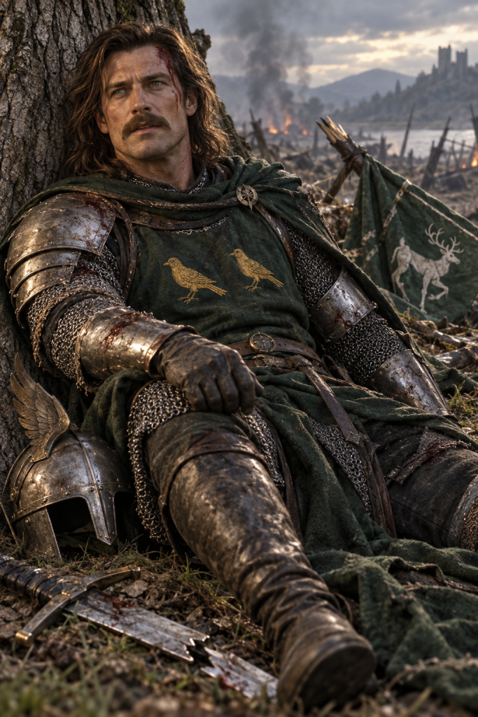 Count Arthpreas, a mustached Hernystiri warrior in battered armor and a twin-meadowlark surcoat, remains conscious beneath an oak after Innishcrich
