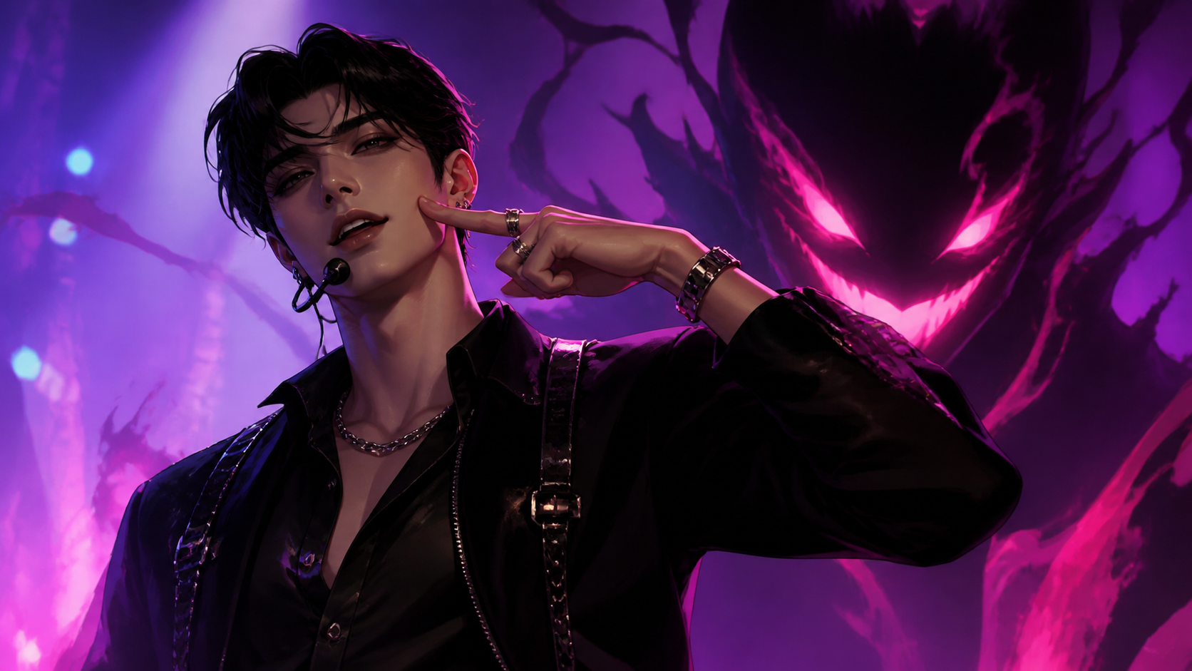 Original CVM Sekai fan art of adult performer Baby using a deliberately cute stage gesture before a demon shadow
