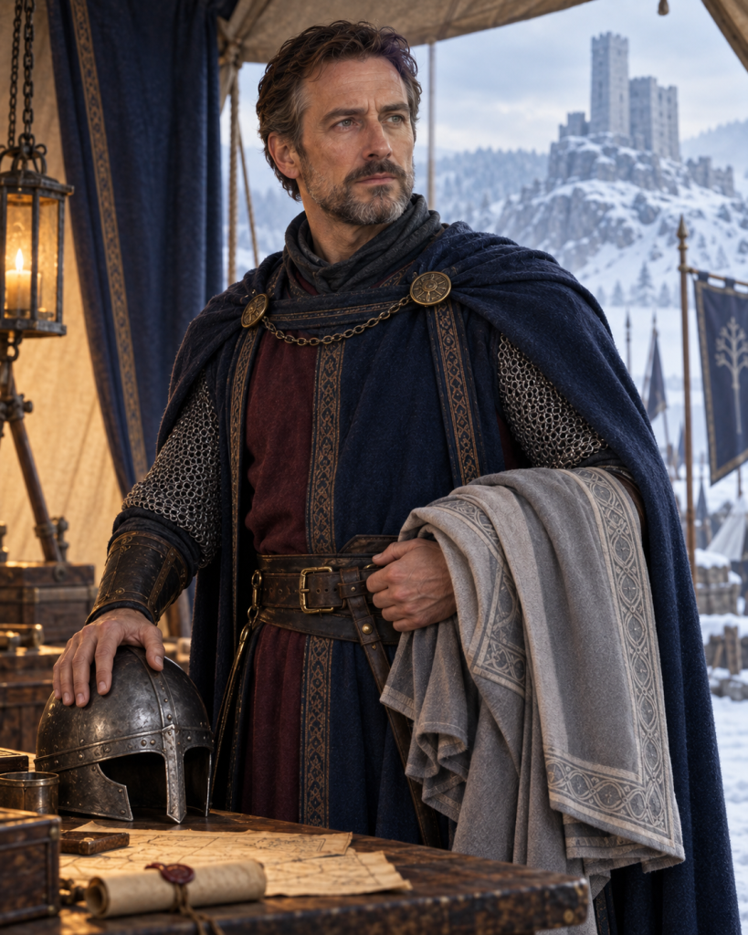Baron Brindalles holding the gray-silver decoy surcoat before the final Hayholt siege