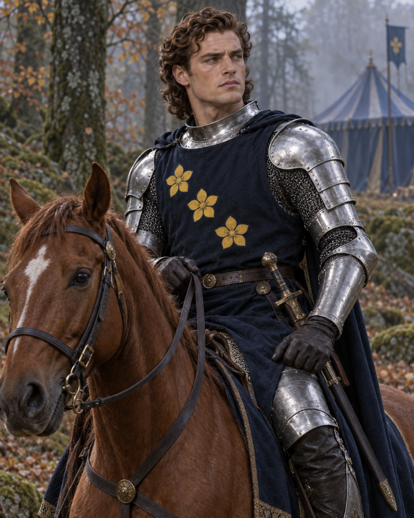 Baron Heahferth, a handsome chestnut-curled young baron in silver armor and a three-flower blue-black surcoat riding his chestnut horse