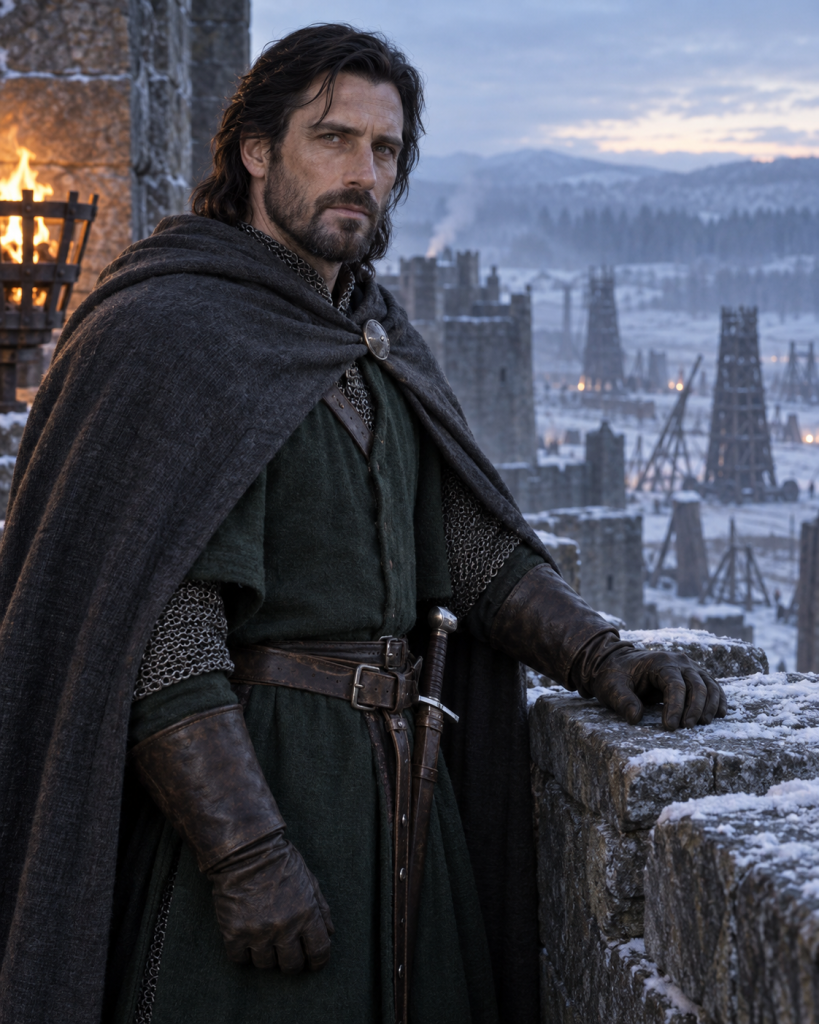 Baron Wuldorcene of Caldsae standing alive on Naglimund's snow-covered wall during the siege