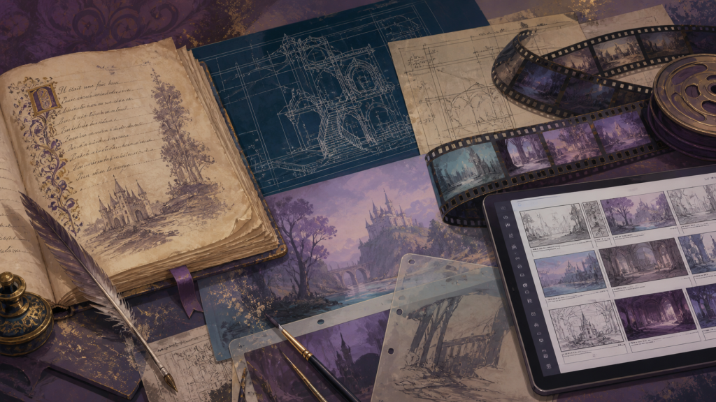 A fairy-tale manuscript, blueprints, film strips, and digital storyboards layered on an archive table