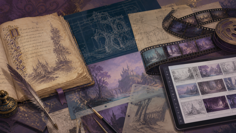 A fairy-tale manuscript, blueprints, film strips, and digital storyboards layered on an archive table