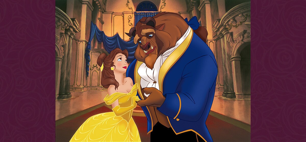 Belle and Beast dancing together in the golden castle ballroom