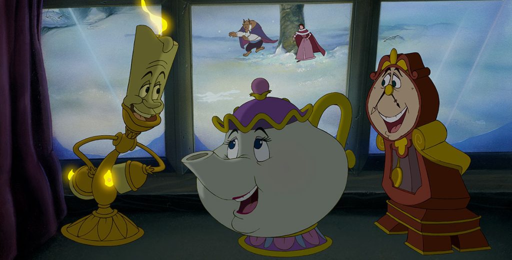Lumiere, Mrs. Potts, and Cogsworth watching Belle and the Beast through a castle window
