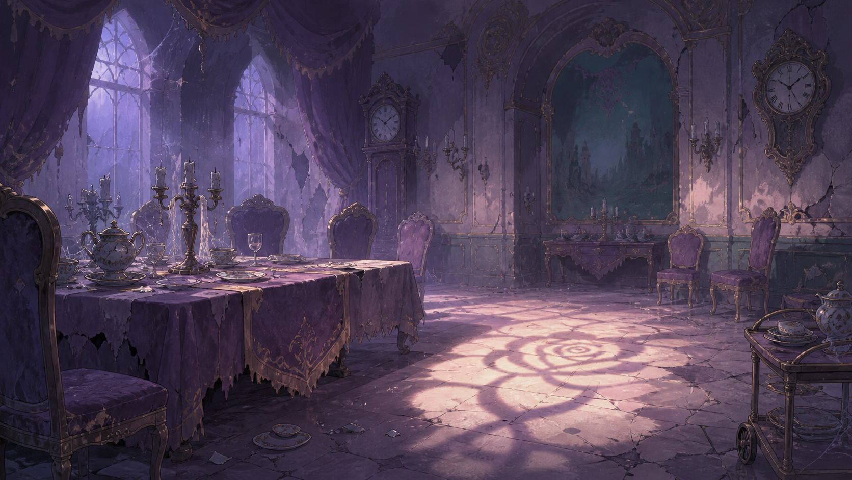 An empty castle dining room filled with frozen clocks and abandoned place settings
