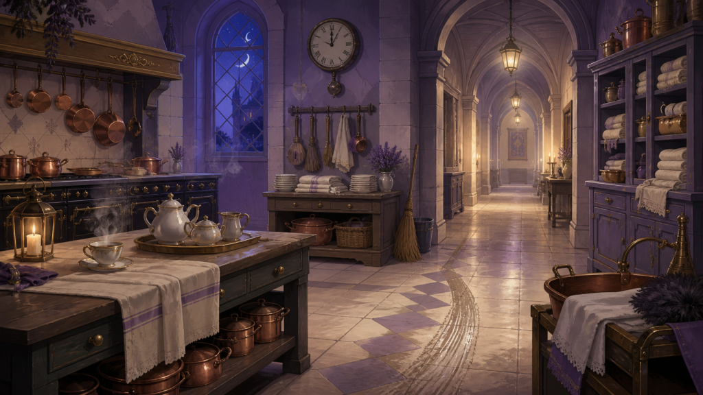 A castle kitchen and service corridor showing signs of work completed overnight