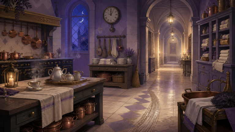 A castle kitchen and service corridor showing signs of work completed overnight