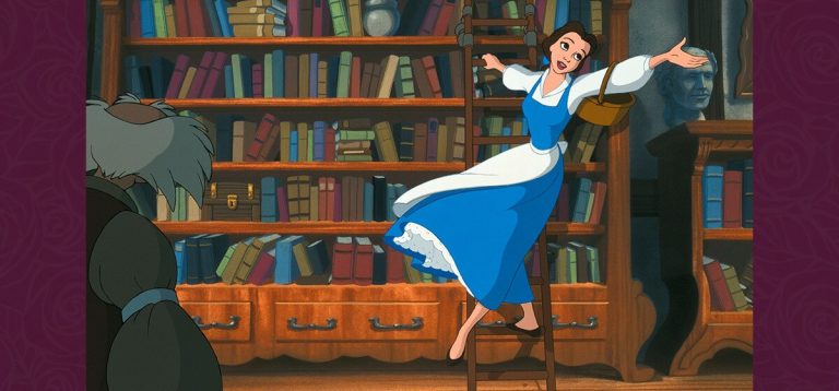 Belle reaching for a book in the Beast’s enormous castle library