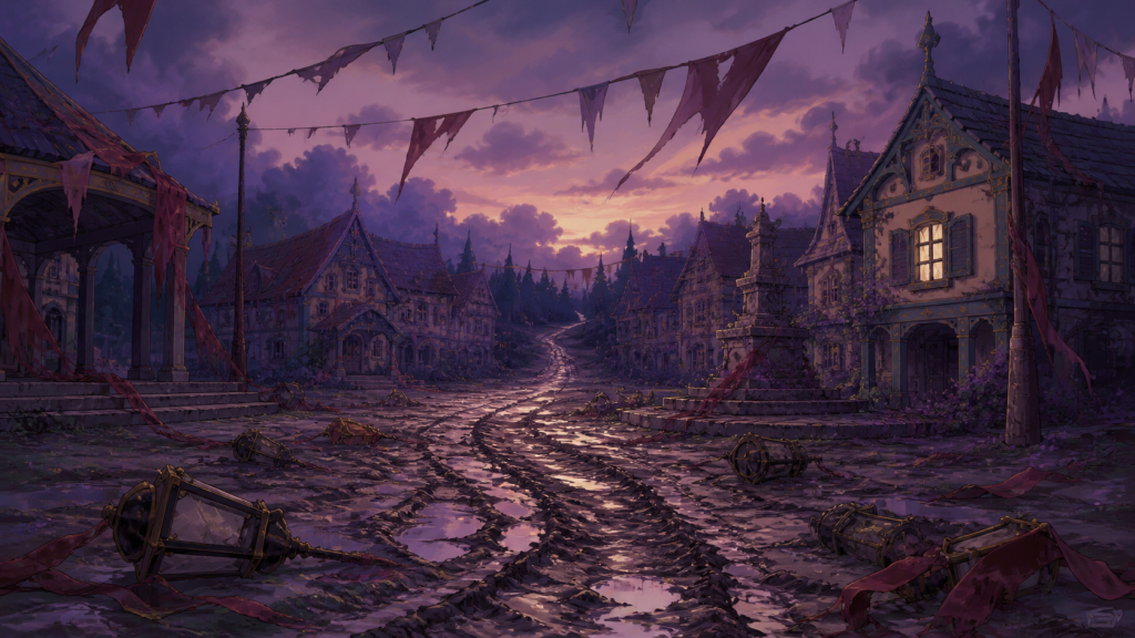 An abandoned village square with torn banners and converging muddy tracks