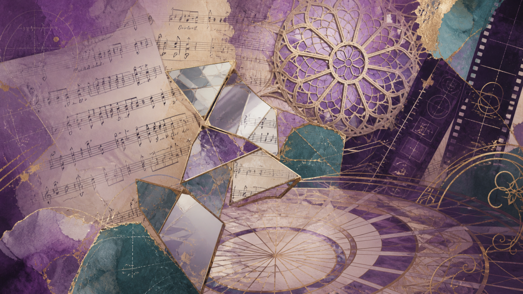 Sheet music, mirror fragments, rose-window geometry, film marks, and ballroom patterns arranged as a visual puzzle