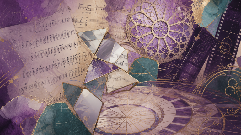 Sheet music, mirror fragments, rose-window geometry, film marks, and ballroom patterns arranged as a visual puzzle