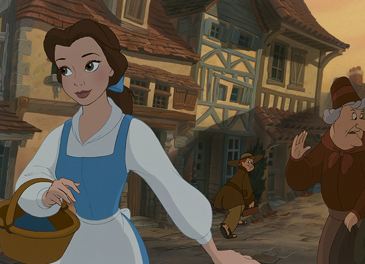 Belle carrying a basket through her French village