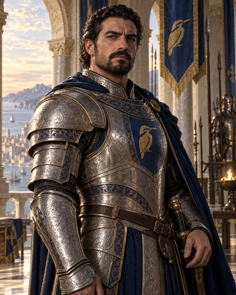 Benigaris in engraved silver armor bearing the golden Kingfisher