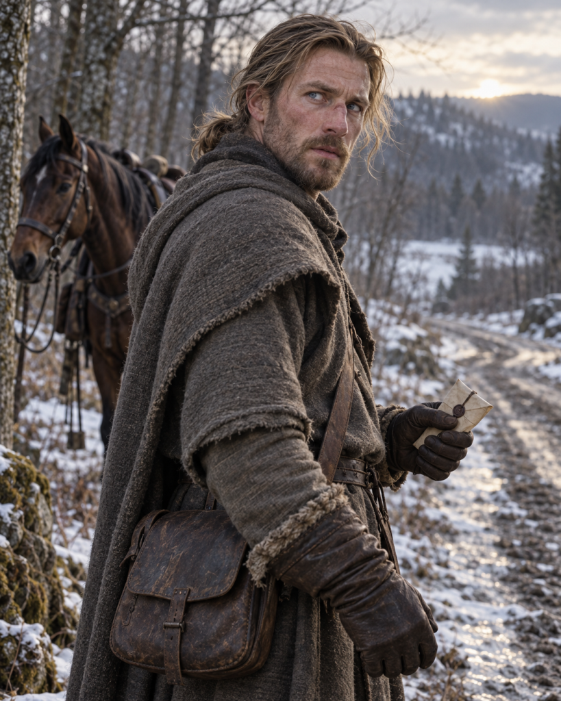 Bindesekk carrying a sealed warning beside his horse on a wintry Kynswood road