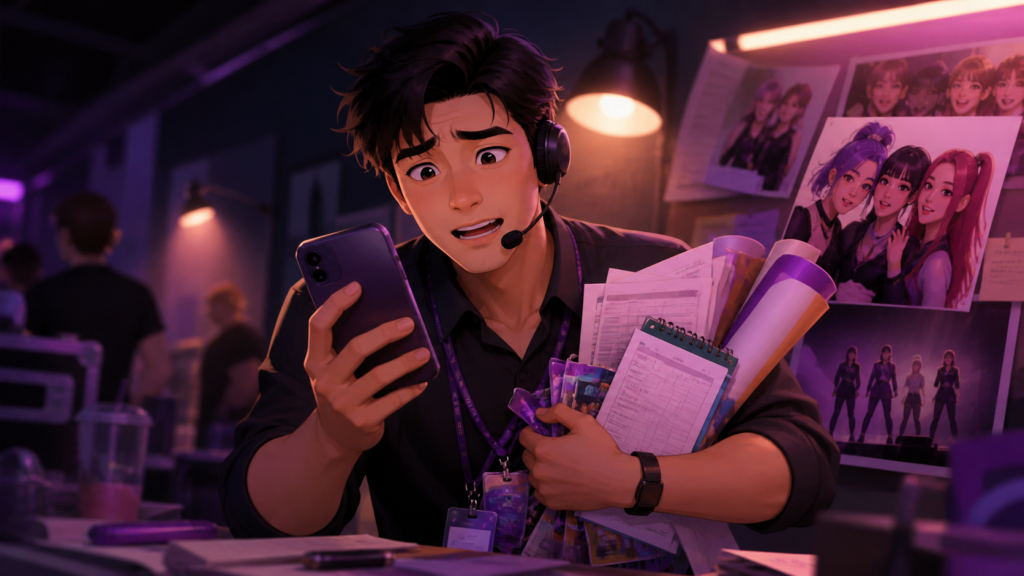 Original CVM Sekai fan art of Bobby managing phones, schedules, and concert passes backstage