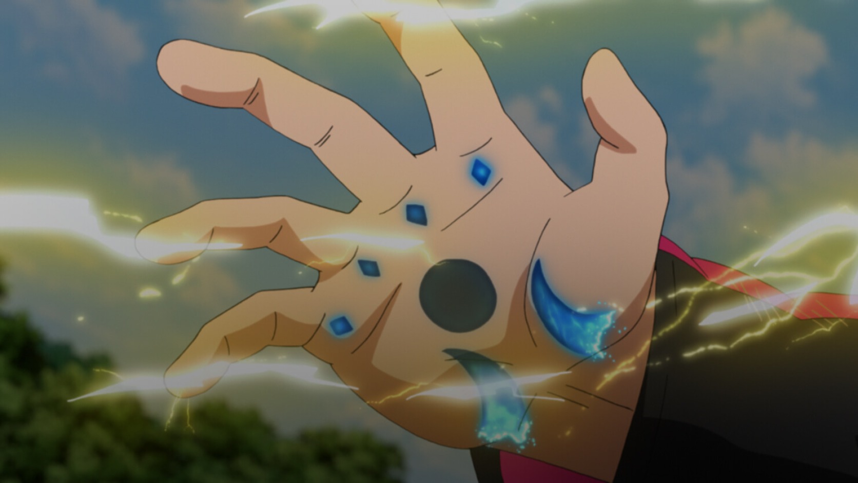 Boruto’s Kāma pattern spreads across his palm as the mark absorbs Kashin Koji’s flames in Episode 187