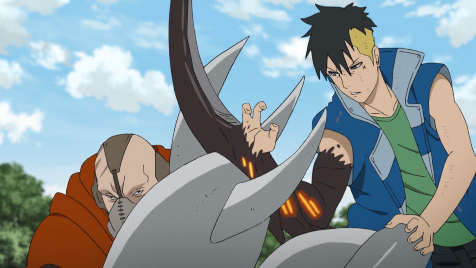 Kawaki blocks Garō’s weaponized arm with his transformed body in Boruto Episode 189