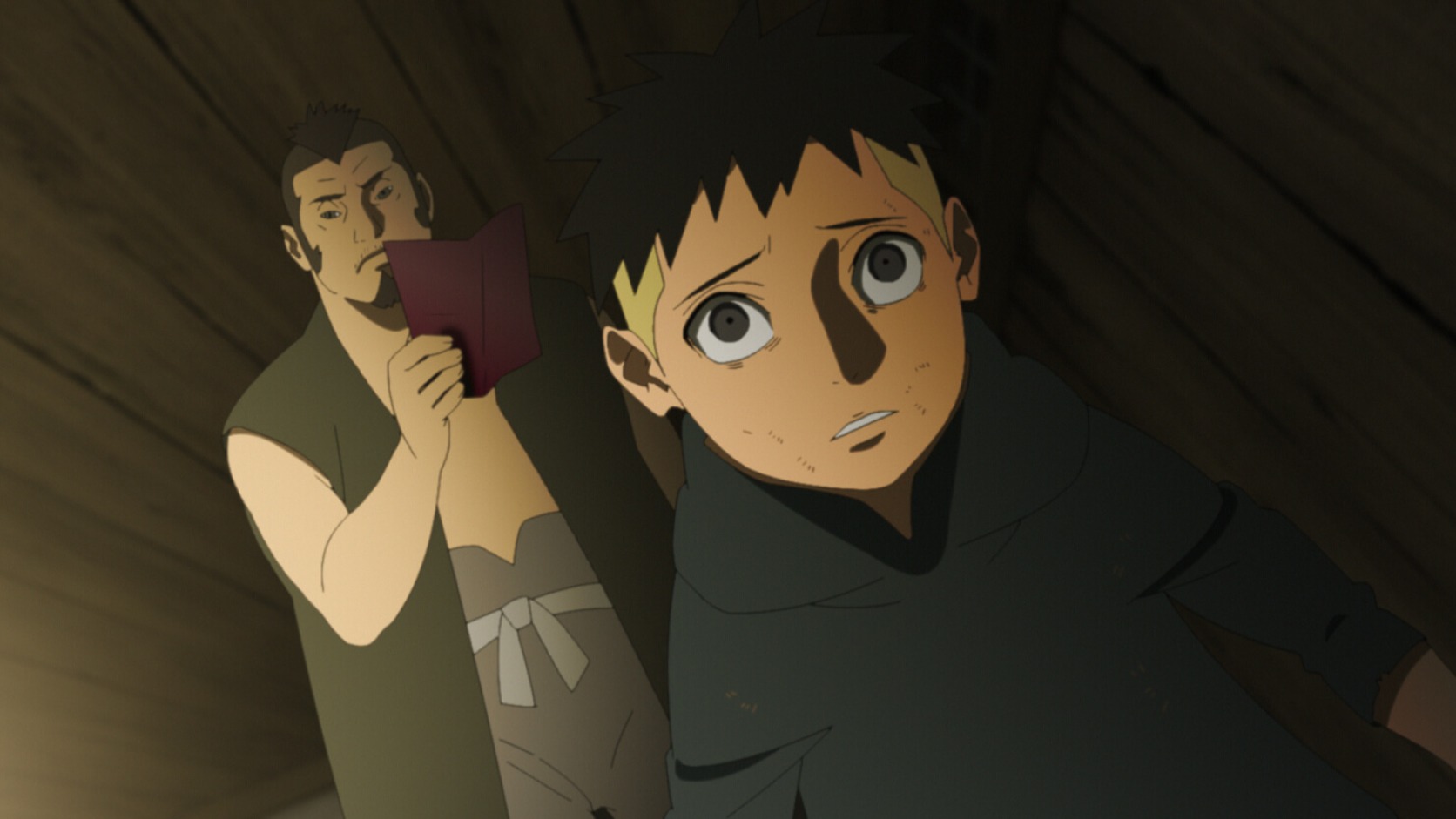 Young Kawaki stands frightened beside his abusive father in Boruto Episode 192