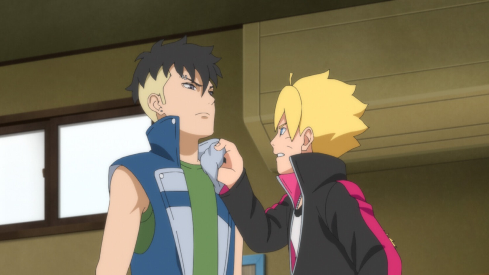 Boruto grabs Kawaki during their first confrontation at home in Boruto Episode 193