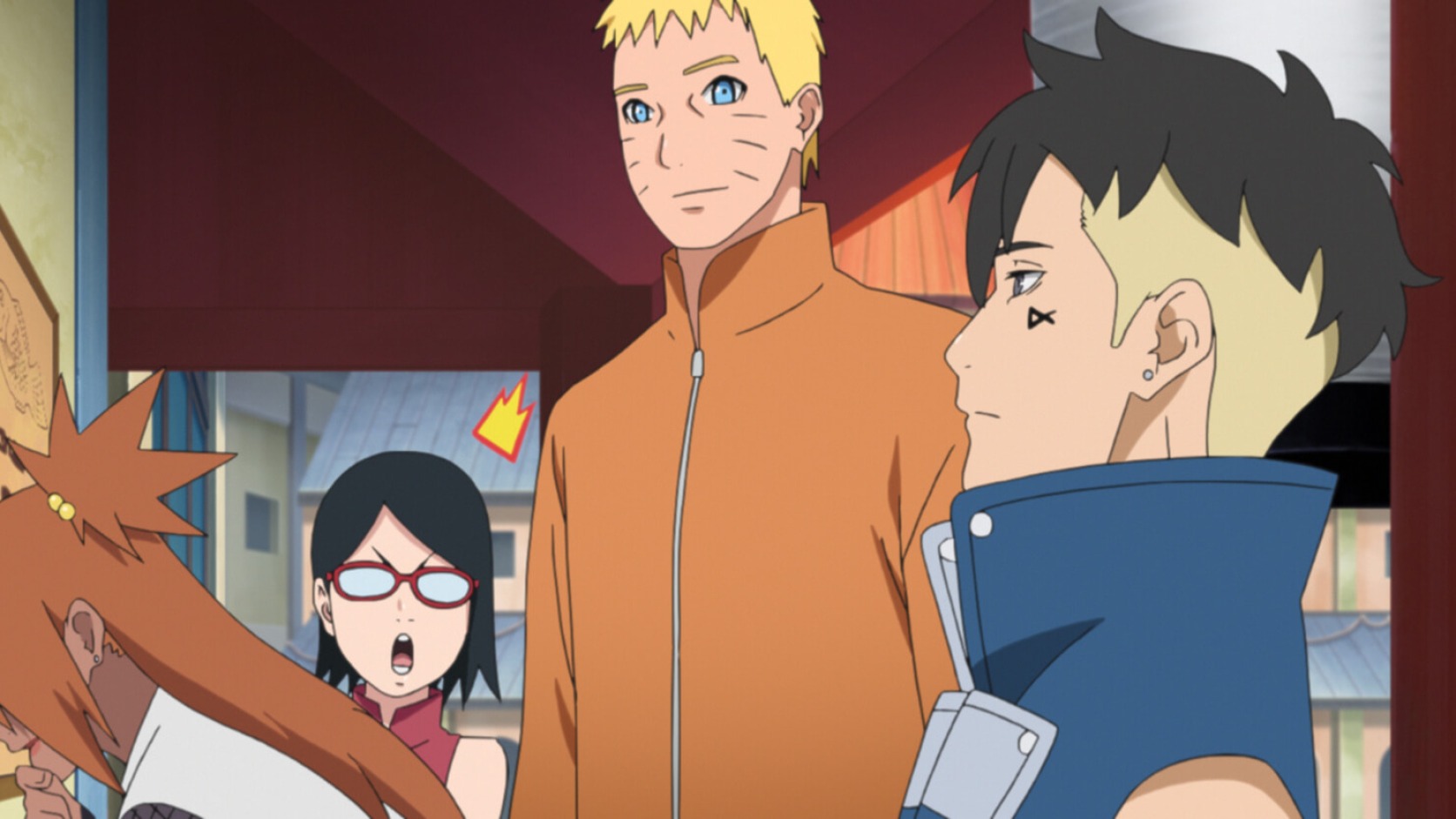 Naruto calms Kawaki after a child startles him in Boruto Episode 195