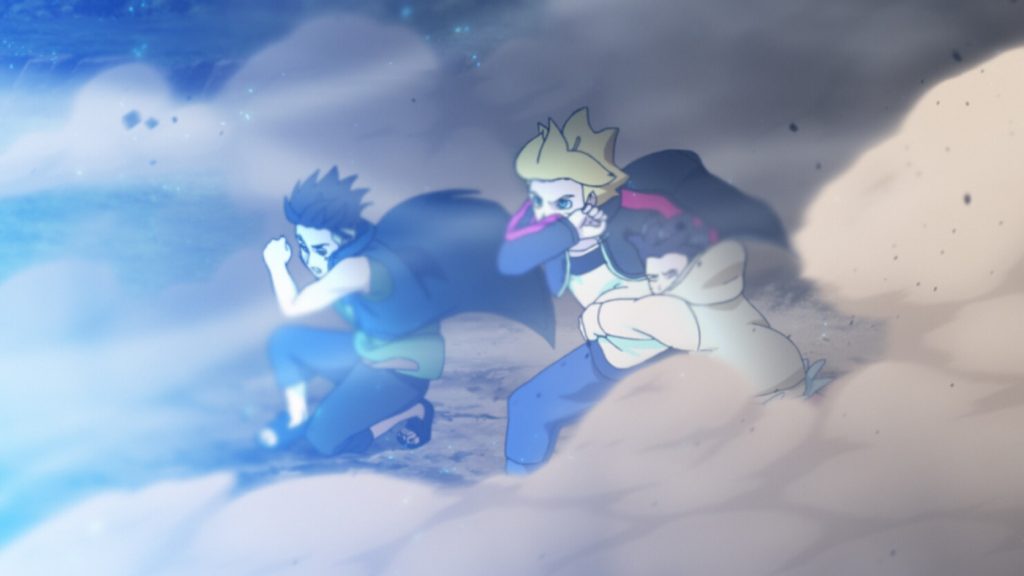 Kawaki and Boruto shield Himawari during Naruto and Delta fight in Boruto Episode 199