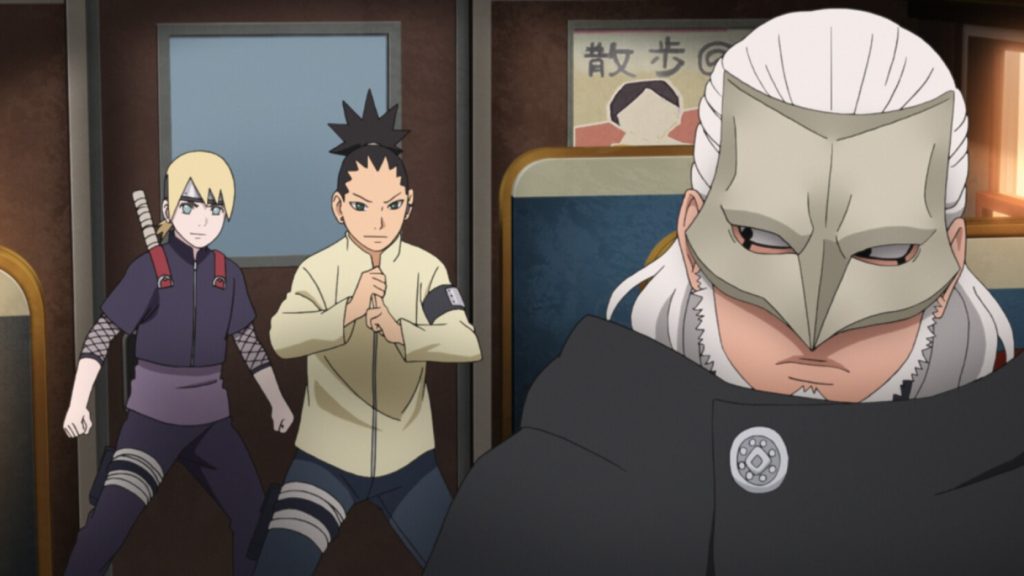 Kashin Koji faces Shikadai and Inojin during the archive pursuit in Boruto Episode 211 The Chase