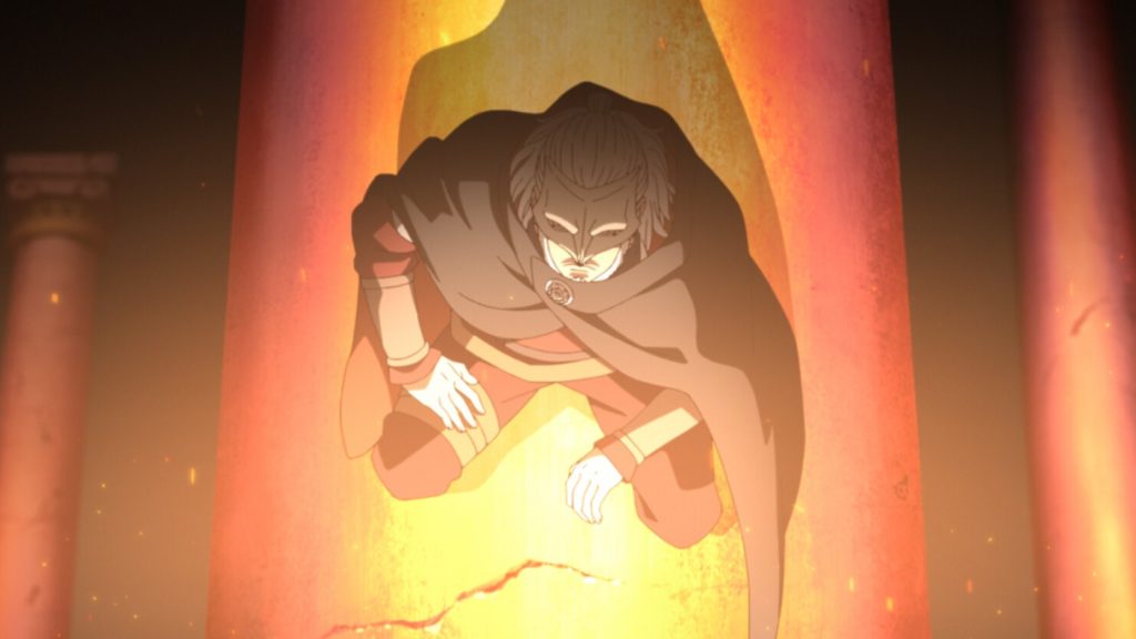 Jigen crouches inside Kashin Koji’s natural flames in Boruto Episode 213 True Identity