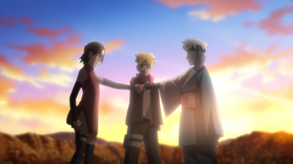 Team 7 joins hands at sunset before the final round in Boruto Episode 222