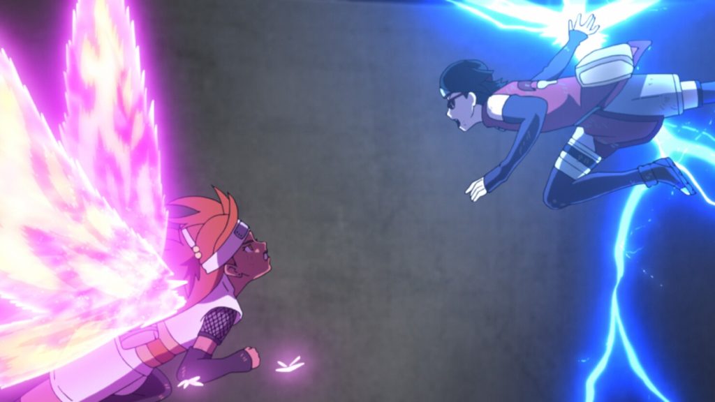 Sarada and Cho-Cho charge toward each other in Boruto Episode 225