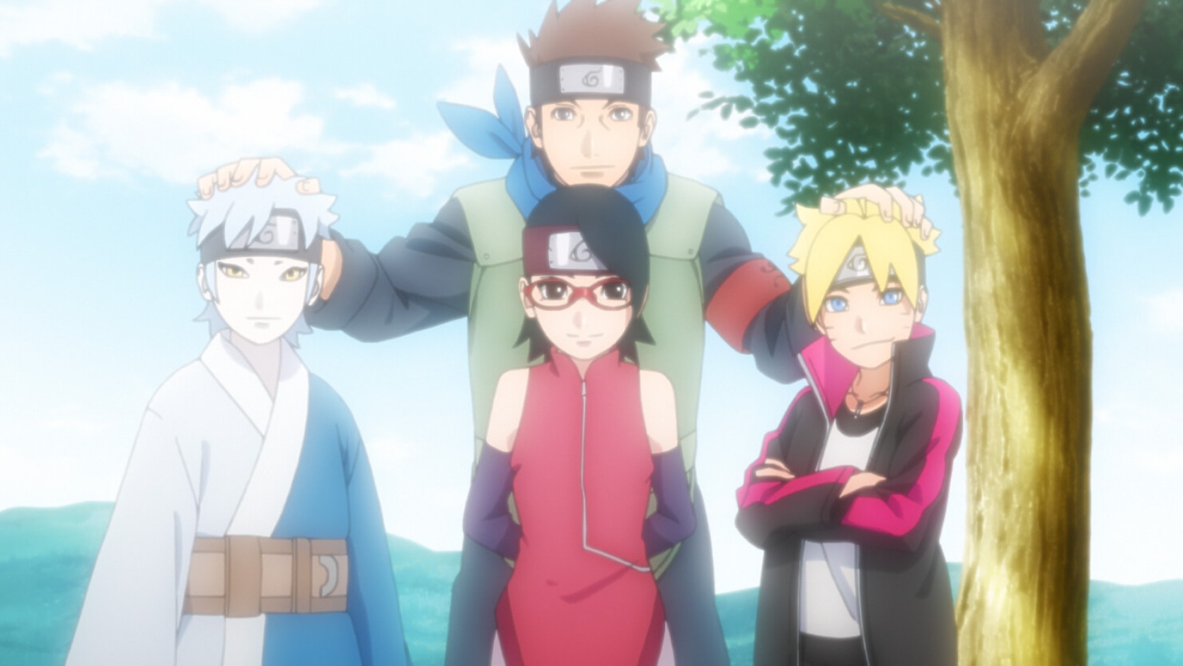 Konohamaru stands behind Boruto, Sarada, and Mitsuki in Boruto Episode 227